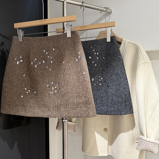 秋冬新款 韩系穿搭半身裙女钉珠亮片a字裙高腰显瘦毛呢包臀裙短裙