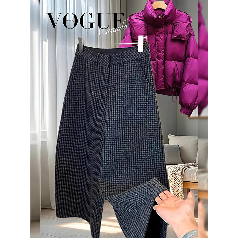 毛呢格子裤女2025冬季新款加绒大码梨形身材小个子宽松显瘦哈伦裤