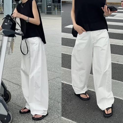 白色弯刀休闲裤女夏季常规2026年阔腿裤高腰宽松显瘦窄版香蕉裤