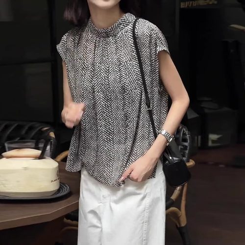 气质立领短袖女t恤2025新款夏季宽松单排扣衬衫薄款休闲条纹上衣