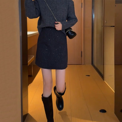 小香风亮片毛呢半身裙女短裙秋冬新款高腰显瘦厚实时尚百搭A字裙