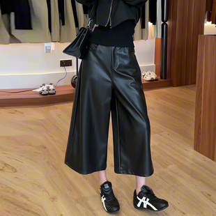 宽松显瘦时髦洋气百搭直筒八分阔腿裤 新款 女2025年秋季 黑色pu皮裤
