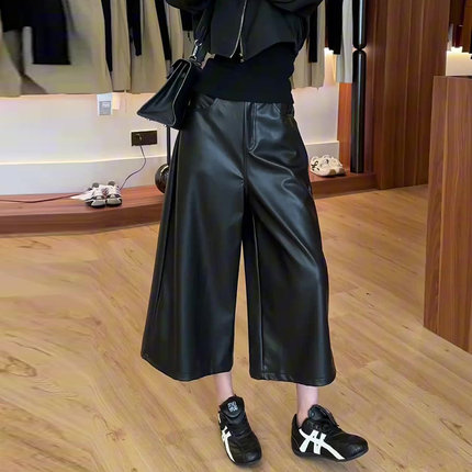 黑色pu皮裤女2025年秋季新款宽松显瘦时髦洋气百搭直筒八分阔腿裤