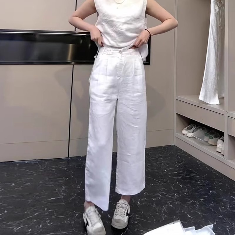 亚麻白色阔腿裤女夏薄款2025新款高腰麻料宽松休闲裤直筒九分裤子