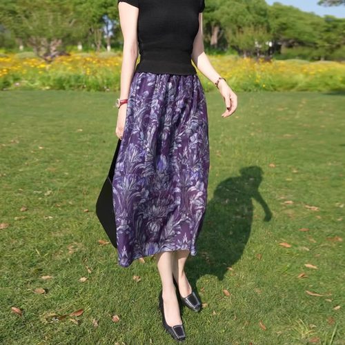 紫色印花半身裙女夏季2026新款显瘦气质透气冰凉轻薄花苞A字裙子