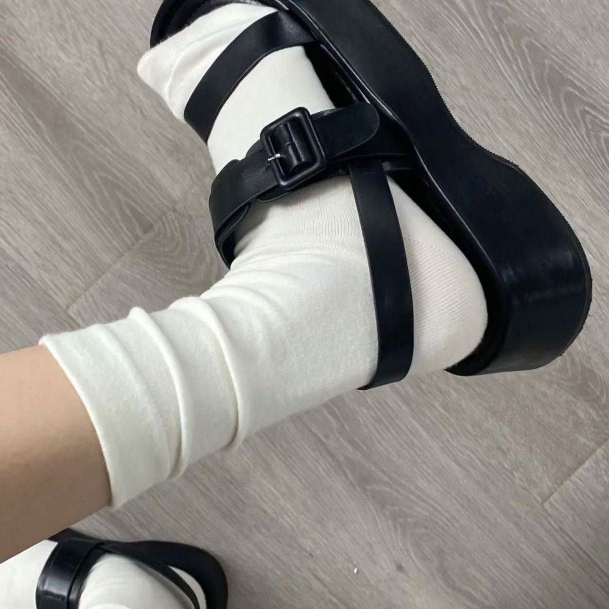 简约纯色月子袜女四季通用白色堆堆袜不勒腿松口吸湿排汗中筒袜女