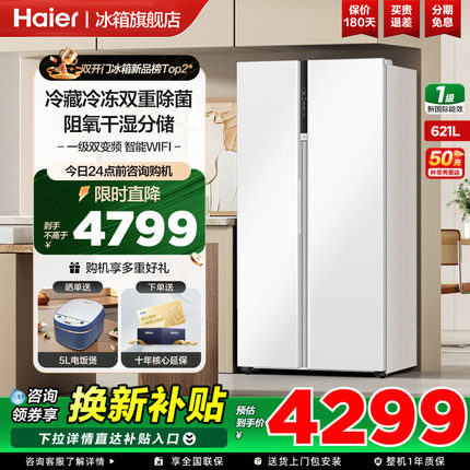 海尔621L对开双开门大冷冻双除菌一级能效家用风冷无霜冰箱旗舰店