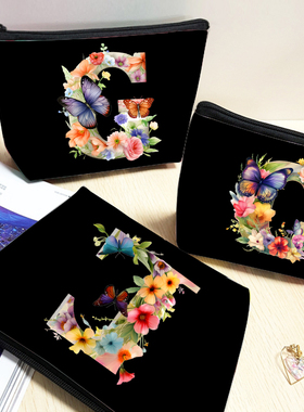 跨境心英文字母花朵蝴蝶化妆包女大容量拉链收纳包便携式手拿包