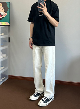 XANYP 白色简约通勤牛仔裤男韩版痞帅显瘦直筒百搭纯色休闲裤