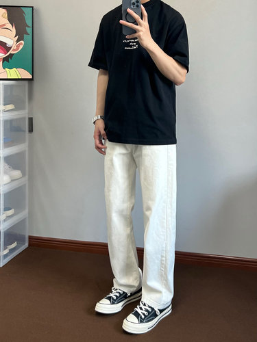 XANYP 白色简约通勤牛仔裤男韩版痞帅显瘦直筒百搭纯色休闲裤