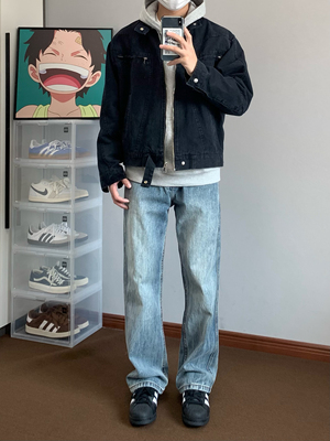 复古水洗闪电波纹直筒微喇牛仔裤