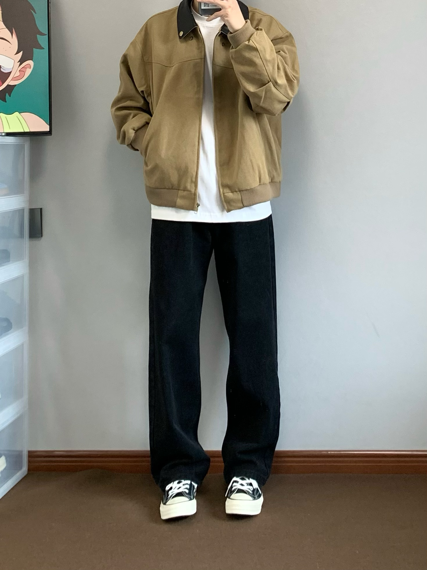 美式复古街头水洗黑直筒牛仔裤男