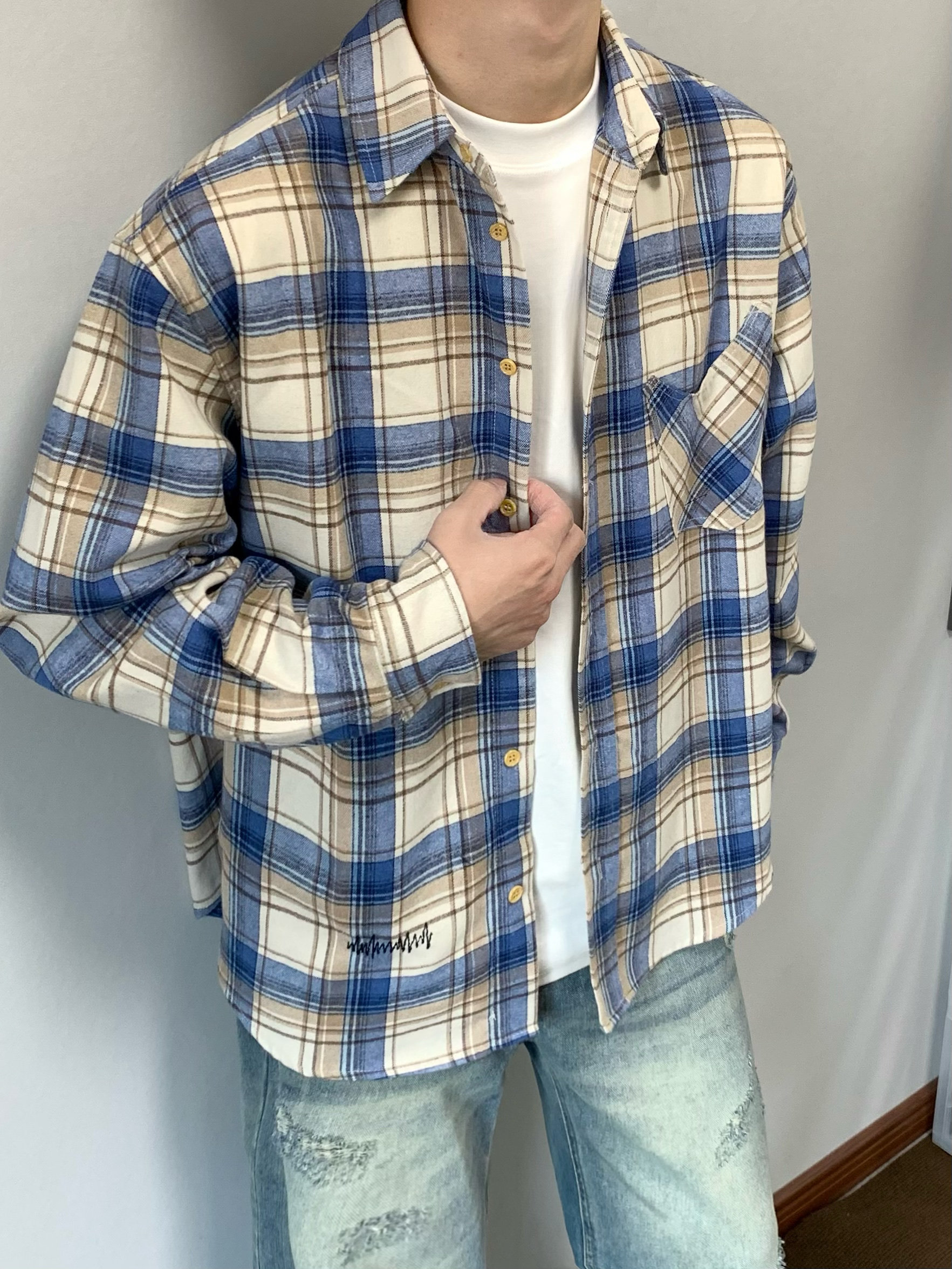 春季美式复古格子衬衫男设计感