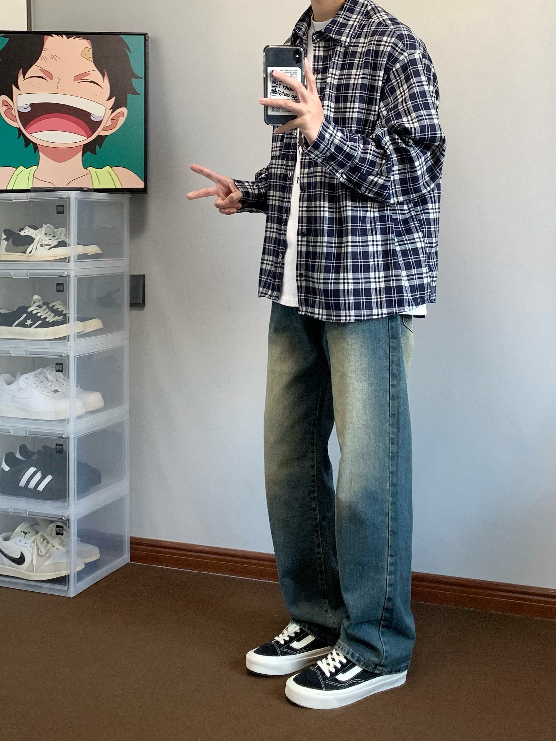 XANYP 复古直筒牛仔裤男深色水洗做旧美式潮牌高街百搭休闲长裤子