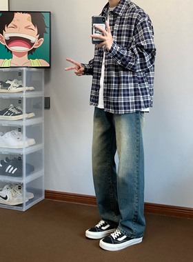 XANYP 复古直筒牛仔裤男深色水洗做旧美式潮牌高街百搭休闲长裤子