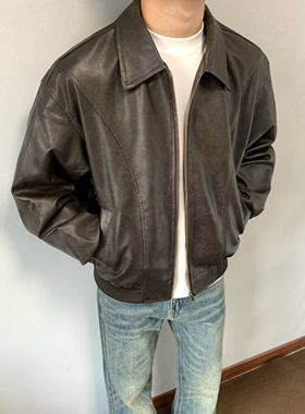XANYP 美式秋季复古哑光纹理感翻领PU皮衣男生痞帅休闲机车外套潮
