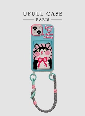 蓝色油画头套猫咪适用三星s24ultra手机壳s21fe卡包s23+新款a05s/a06女a13手提挂绳a16硅胶a24创意a35防摔a52