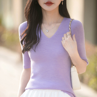 针织短袖女V领修身显瘦打底衫春夏新款紧身内搭短款毛衣套头