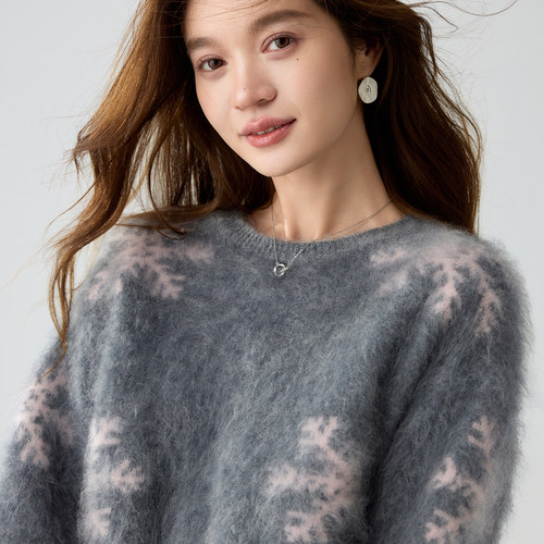 100%山羊绒拉绒软糯松弛风雪花拉绒羊绒衫女圆领宽松加厚慵懒毛衣