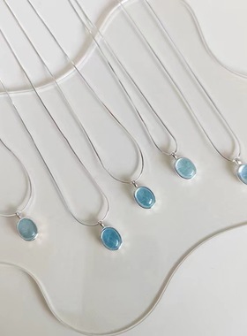 S925纯银项链女海蓝宝椭圆轻奢独特设计ins蛇骨链宝石吊坠锁骨链