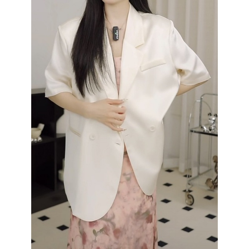 黑色缎面西服短袖醋酸西装外套女薄款2025夏季新款时尚感显瘦休闲