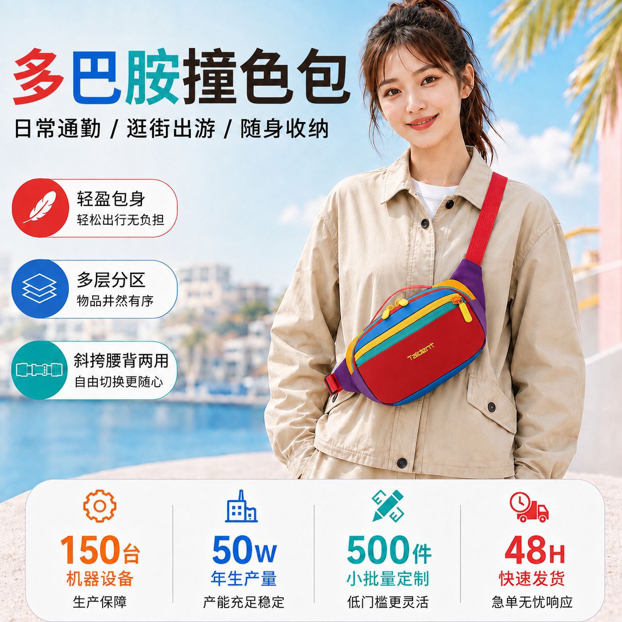 时尚出行斜挎包男女同款户外休闲运动单肩手提包多巴胺色腰包