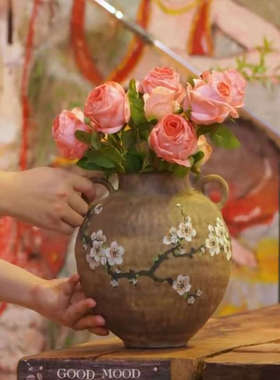 景德镇陶瓷花瓶摆件客厅插花复古插花器双耳手绘梅花H0870-60