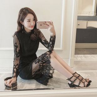 秋冬季韩版加绒加厚女中长款睫毛蕾丝花边长袖打底修身内搭连衣裙