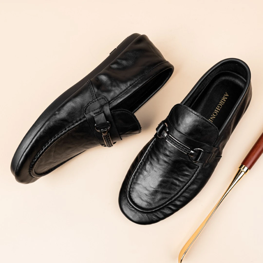 2026新款头层牛皮秋季透气年轻人休闲皮鞋男士一脚蹬平跟豆豆男鞋