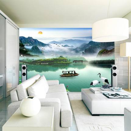 无缝3D壁画墙纸客厅卧室沙发背景墙纸壁画中式荷花仙鹤山水风景画