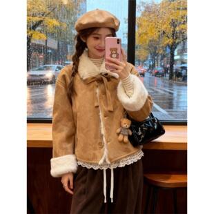棕色麂皮绒外套女短款冬季新款洋气羊羔毛皮毛一体小个子毛绒上衣
