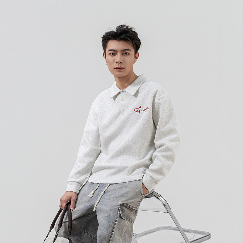 质感廓形翻领卫衣男秋季新款复古宽松长袖polo套头衫领口纽扣外套