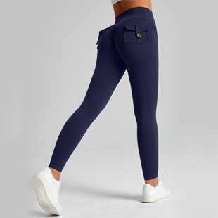 健身菊花裤女夏季透气后口袋裸感磨毛欧美高腰紧身提臀无痕瑜伽裤