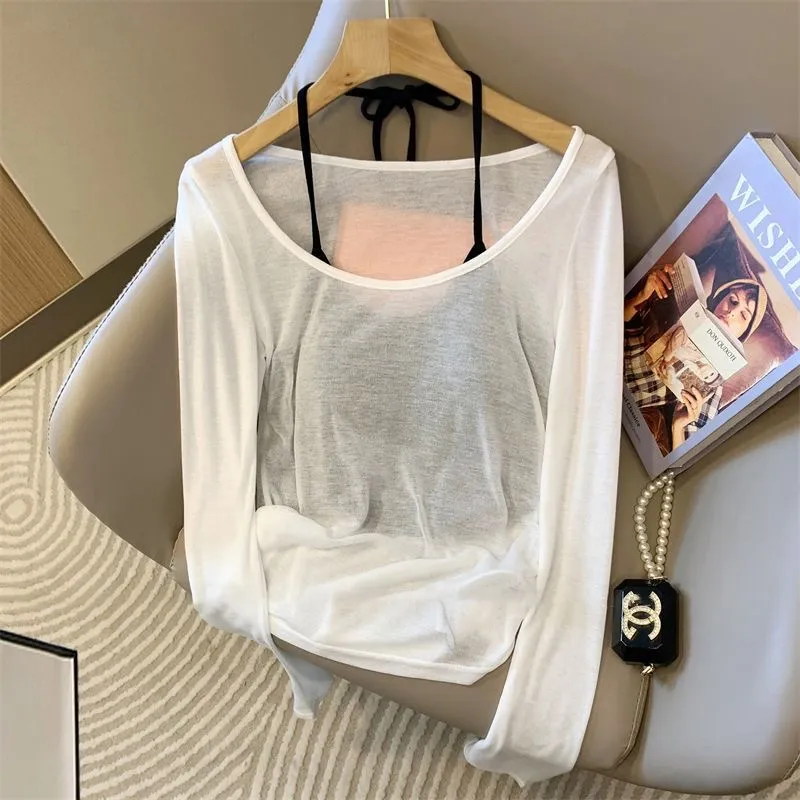 辣妹镂空抽褶长袖针织衫挂脖背心两件套女夏季薄款防晒罩衫上衣
