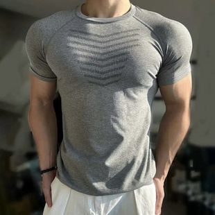 美式无缝提花运动收口鲨鱼纹短袖速干训练健身弹力修身上衣T恤男