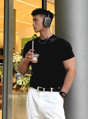 2025索罗娜休闲运动健身修身显大版型纯色半截袖弹力透气T恤型男