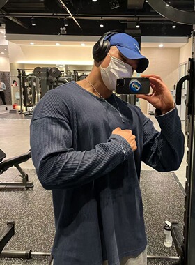 春秋季美式纯色条纹运动卫衣男长袖T恤大码宽松落肩健身训练圆领