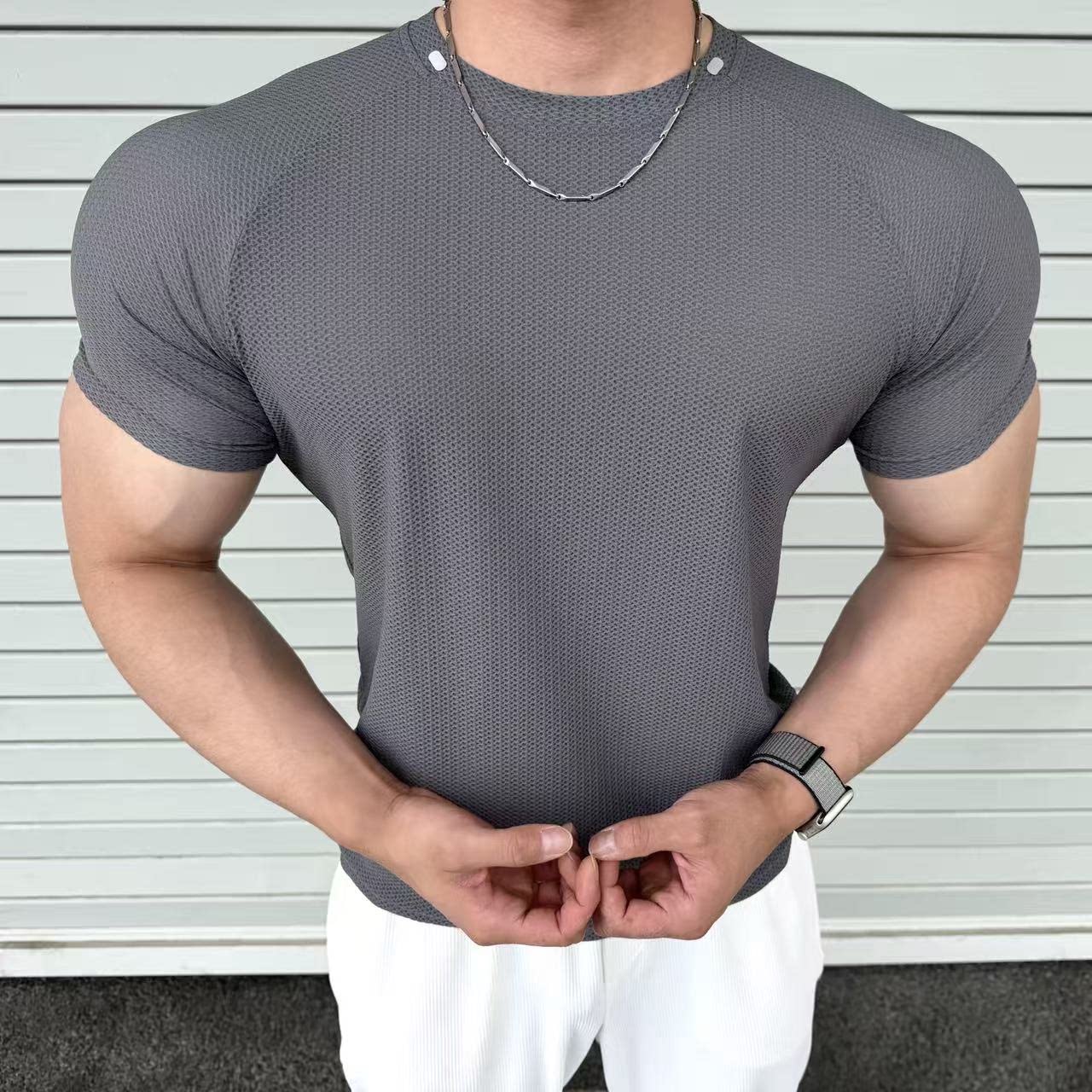 鳄鳞甲蜂窝格冰感速干透气短袖插肩袖高弹印花修身运动健身T恤男