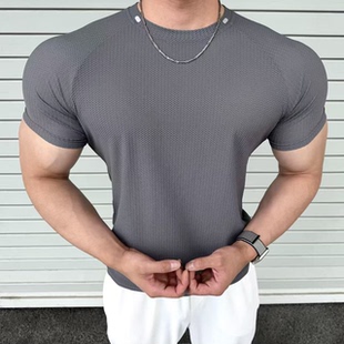 鳄鳞甲蜂窝格冰感速干透气短袖插肩袖高弹印花修身运动健身T恤男
