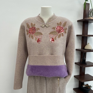 冬季中老年妈妈装加绒加厚保暖毛衣旗袍领宽松针织长袖老人上衣女