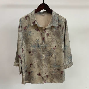 母亲节夏季奶奶装仿真丝衬衫宽松七分袖开衫褂子中老年妈妈上衣女
