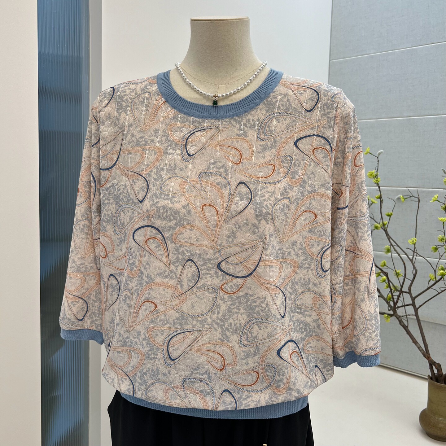 春秋新款气质妈妈装七分袖花色t恤女装中老年圆领大码宽松上衣