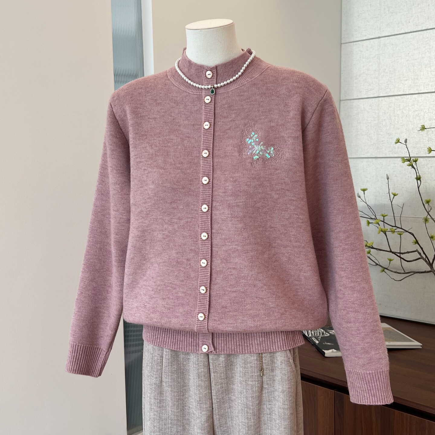 妈妈装加绒毛衣冬季立领亮片蝴蝶