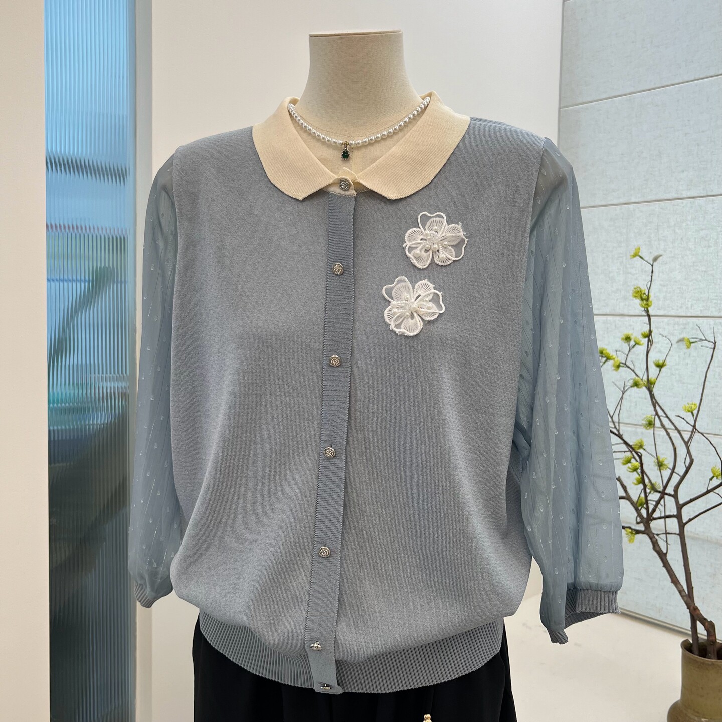 春夏薄款纱袖妈妈装针织衫翻领