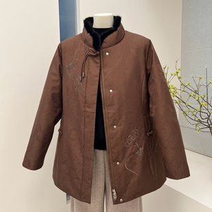 保暖外套立领拉链中长款 羽绒服厚款 刺绣中老年奶奶上衣 妈妈装 冬季