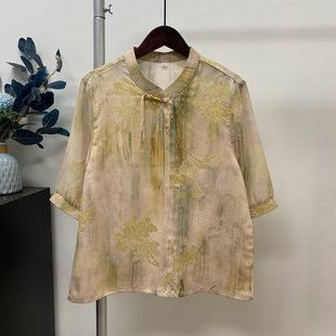薄款 花色套头短袖 奶奶装 衬衫 中老年妈妈老人上衣女 仿真丝纱袖 夏季
