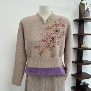 冬季老年人加厚保暖毛衣宽松套头针织长袖中老年妈妈装旗袍领上衣