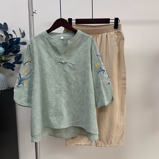 夏季薄款妈妈装花色T恤套装棉麻裤子中老年奶奶老人两件套女装