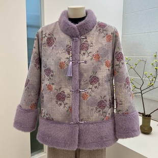 老人上衣 加绒加厚保暖外套皮毛一体中老年妈妈中式 冬季 高贵奶奶装