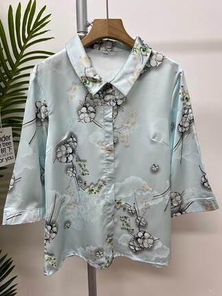 夏季薄中年妈妈装仿真丝衬衣五分袖宽松翻领上衣夏天减龄老人衣服